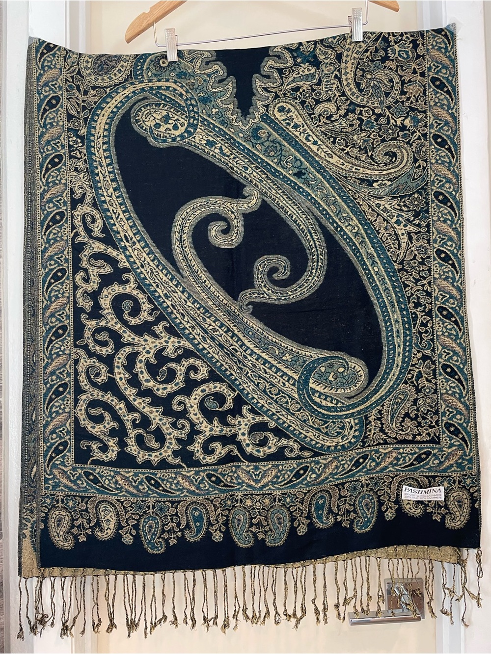 pashmina Silk and Cashmere Black and Teal Paisley Fringe Wrap